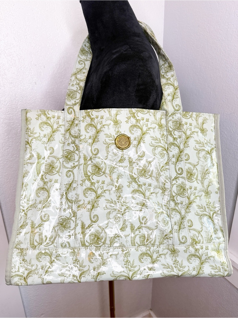 Anna Griffin Sage Green Floral Scroll Coated Cotton Large Craft Travel Tote Bag